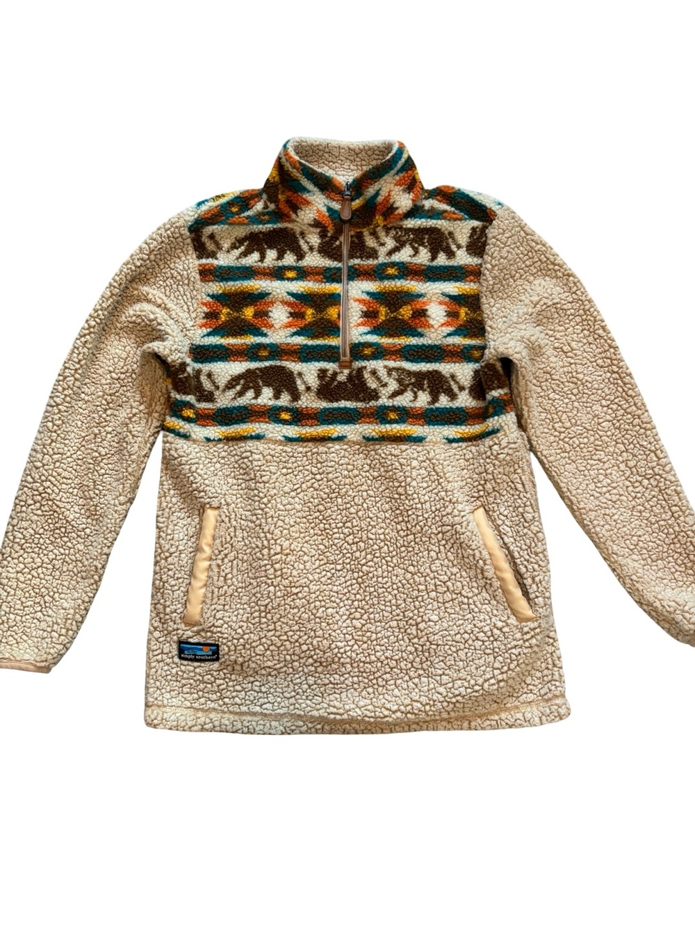 Simply Southern Teddy Sherpa Pullover Bears Southwestern Print Quarter Zip Small